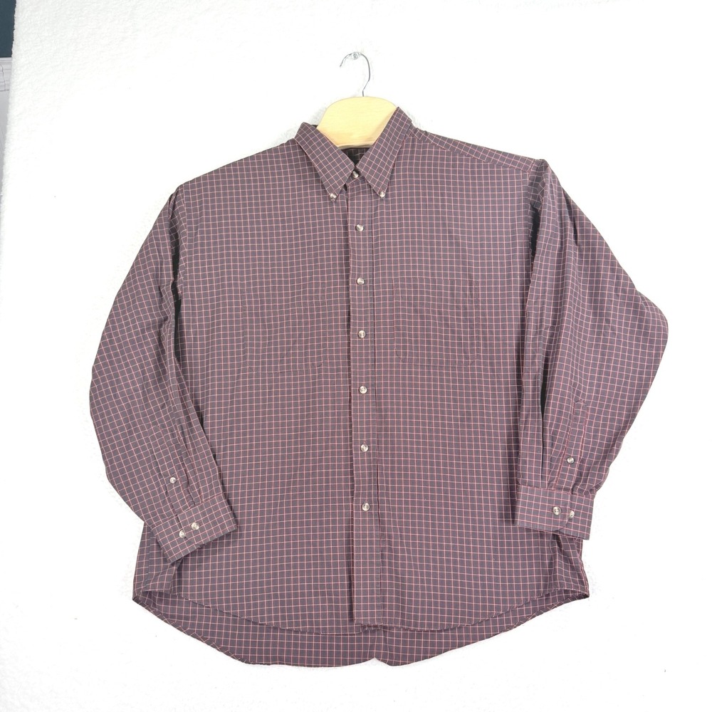Van Heusen Button Down Mens XL Burgundy Navy Grid Check Wrinkle Free Shirt - Picture 2 of 7